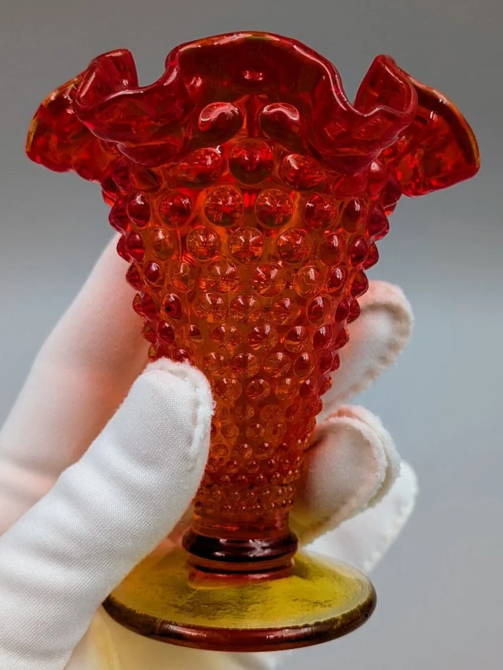 Vintage Fenton Amberina Hobnail Glass Mini Trumpet Vase with Original Label